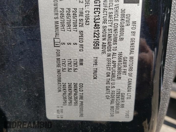 2008 GMC Sierra 1500 SLE1 z VIN 2GTEC13J481221950, wystawiony jako Copart lot #53019675 z przebiegiem 266 756 mil mil oraz Szkody całkowita. Historia ofert i sprzedaży dostępna na DreamBid. Obrazek 12.