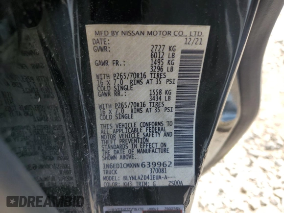 2022 Nissan Frontier SV z VIN 1N6ED1CMXNN639962, wystawiony jako Copart lot #66080224 z przebiegiem 37 575 mil mil oraz Szkoda całkowita • Salvage title. Historia ofert i sprzedaży dostępna na DreamBid. Obrazek 13.