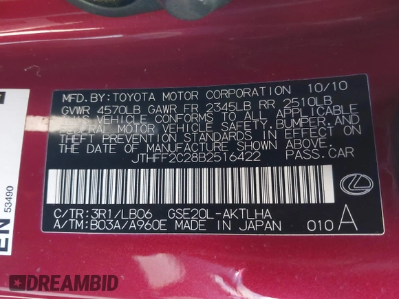 2011 Lexus IS 250 C with VIN JTHFF2C28B2516422, listed as a IAAI auction lot 38744549 with 84,914 mi miles and . Bid and sale history available at DreamBid. Image 9.