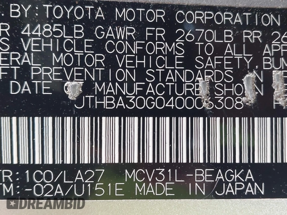 2004 Lexus ES 330 with VIN JTHBA30G040006308, listed as a IAAI auction lot 42152910 with 225,560 mi miles. Bid and sale history available at carsss.com. Image 9.