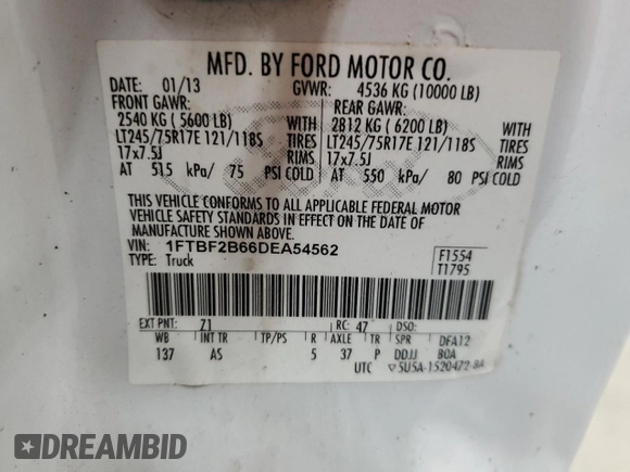 2013 Ford F-250 XL with VIN 1FTBF2B66DEA54562, listed as a Copart auction lot 56493815 with 204,625 mi miles and Clean title. Bid and sale history available at DreamBid. Image 12.