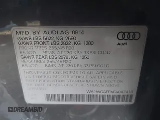 2015 Audi Q5 Prestige with VIN WA1WGAFPXFA047419, listed as a IAAI auction lot 41215622 with Not provided miles and . Bid and sale history available at DreamBid. Image 9.