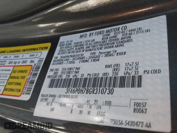 2016 Ford Fusion SE with VIN 3FA6P0H78GR310730, listed as a IAAI auction lot 41821230 with 186,186 mi miles. Bid and sale history available at carsss.com. Image 9.