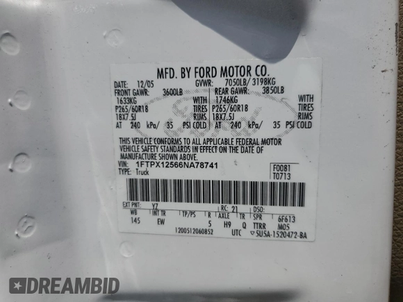 2006 Ford F-150 XLT with VIN 1FTPX12566NA78741, listed as a Copart auction lot 55331895 with 196,224 mi miles and Salvage title. Bid and sale history available at DreamBid. Image 12.