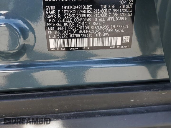2024 Honda HR-V LX with VIN 3CZRZ1H37RM726315, listed as a Copart auction lot 45755235 with 3,249 mi miles and Salvage Title. Bid and sale history available at carsss.com. Image 14.