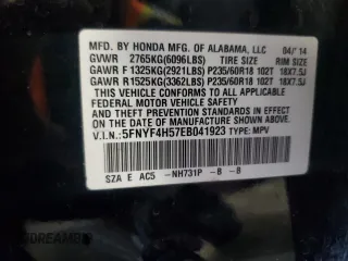 2014 Honda Pilot EX-L with VIN 5FNYF4H57EB041923, listed as a Copart auction lot 44611395 with 191,863 mi miles and Salvage Title. Bid and sale history available at DreamBid. Image 14.