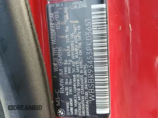 2003 BMW 3 Series M3 with VIN WBSBR93453PK03651, listed as a Copart auction lot 74519584 with 0 mi miles and Salvage Title. Bid and sale history available at carsss.com. Image 14.