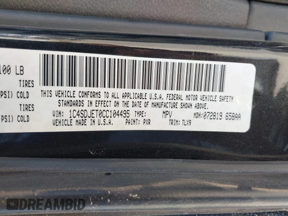 2012 Dodge Durango Citadel with VIN 1C4SDJET0CC104495, listed as a IAAI auction lot 41999226 with Not Provided miles and . Bid and sale history available at DreamBid. Image 9.