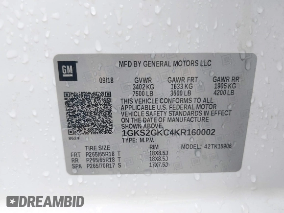 2019 GMC Yukon XL SLT with VIN 1GKS2GKC4KR160002, listed as a IAAI auction lot 42125427 with 119,312 mi miles and . Bid and sale history available at DreamBid. Image 9.