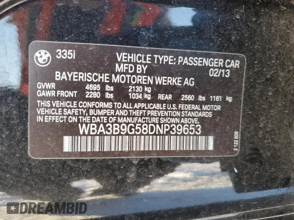 2013 BMW 3 Series 335i xDrive with VIN WBA3B9G58DNP39653, listed as a Copart auction lot 44425195 with 113,858 mi miles and Salvage title. Bid and sale history available at DreamBid. Image 12.