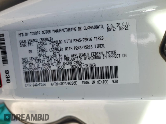 2021 Toyota Tacoma SR z VIN 3TYRX5GNXMT015985, wystawiony jako Copart lot #47067545 z przebiegiem 130 660 mil mil oraz Czysty tytuł • Clean title. Historia ofert i sprzedaży dostępna na DreamBid. Obrazek 12.