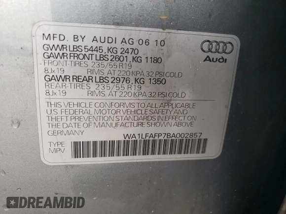 2011 Audi Q5 Premium Plus with VIN WA1LFAFP7BA002857, listed as a Copart auction lot 45090845 with Not Provided miles and Salvage Title. Bid and sale history available at DreamBid. Image 13.