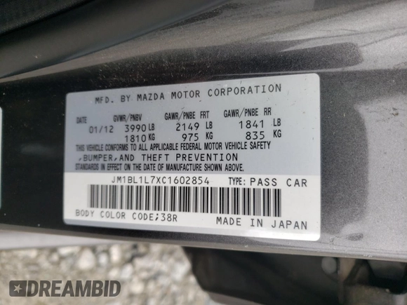 2012 Mazda 3 i Touring with VIN JM1BL1L7XC1602854, listed as a Copart auction lot 52095685 with 237,670 mi miles and Non Repairable. Bid and sale history available at DreamBid. Image 12.
