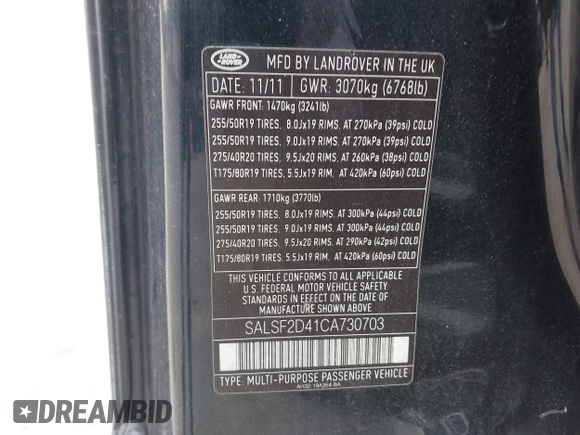 2012 Land Rover Range Rover Sport HSE with VIN SALSF2D41CA730703, listed as a IAAI auction lot 42641468 with 153,797 mi miles and . Bid and sale history available at DreamBid. Image 9.