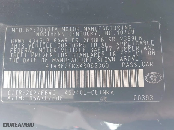 2010 Toyota Camry with VIN 4T4BF3EKXAR062360, listed as a IAAI auction lot 41340574 with 222,512 mi miles. Bid and sale history available at carsss.com. Image 9.