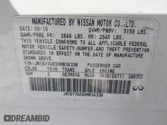 2017 Infiniti Q50 Premium with VIN JN1EV7AR2HM834338, listed as a IAAI auction lot 40992351 with 88,148 mi miles and . Bid and sale history available at DreamBid. Image 9.