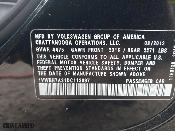 2013 Volkswagen Passat SE w/Sunroof with VIN 1VWBH7A31DC113637, listed as a IAAI auction lot 41854340 with 188,606 mi miles. Bid and sale history available at carsss.com. Image 9.