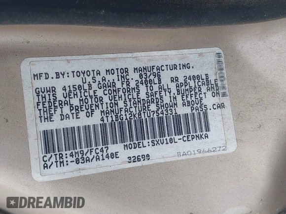 1996 Toyota Camry DX z VIN 4T1BG12K8TU754331, wystawiony jako IAAI lot #42305723 z przebiegiem 152 709 mil mil oraz . Historia ofert i sprzedaży dostępna na DreamBid. Obrazek 9.