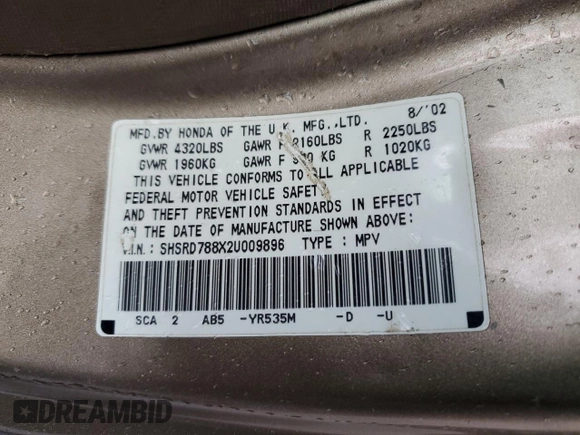 2002 Honda CR-V EX with VIN SHSRD788X2U009896, listed as a Copart auction lot 55624225 with 276,153 mi miles and Salvage Title. Bid and sale history available at carsss.com. Image 13.