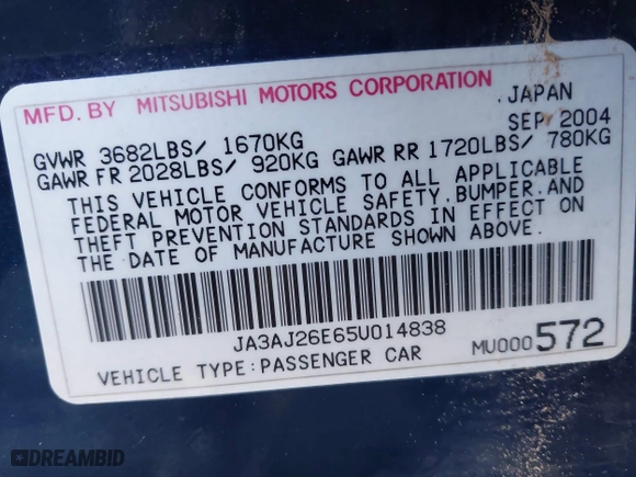 2005 Mitsubishi Lancer ES with VIN JA3AJ26E65U014838, listed as a IAAI auction lot 41310586 with 127,487 mi miles. Bid and sale history available at carsss.com. Image 9.