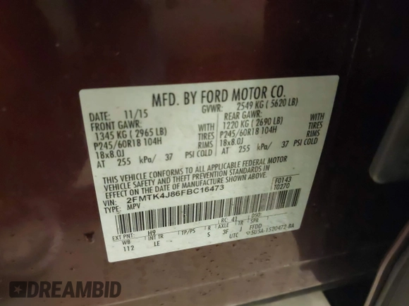 2015 Ford Edge SEL with VIN 2FMTK4J86FBC16473, listed as a IAAI auction lot 41700358 with 146,526 mi miles. Bid and sale history available at carsss.com. Image 9.