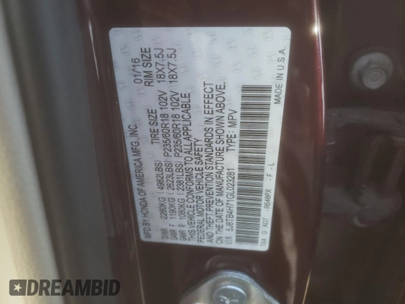 2016 Acura RDX Advance Pkg with VIN 5J8TB4H71GL023281, listed as a Copart auction lot 54965294 with 136,781 mi miles. Bid and sale history available at carsss.com. Image 13.