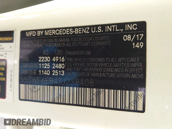 2018 Mercedes-Benz C 43 AMG with VIN 55SWF6EB4JU238408, listed as a IAAI auction lot 41630851 with 116,235 mi miles and . Bid and sale history available at carsss.com. Image 9.
