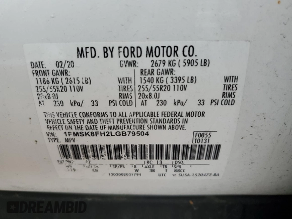 2020 Ford Explorer Limited with VIN 1FMSK8FH2LGB79504, listed as a Copart auction lot 49613695 with 60,248 mi miles and Salvage title. Bid and sale history available at DreamBid. Image 13.