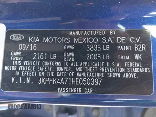 2017 Kia Forte LX with VIN 3KPFK4A71HE050397, listed as a IAAI auction lot 41758261 with 114,488 mi miles. Bid and sale history available at carsss.com. Image 9.