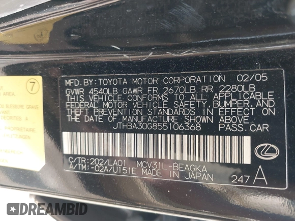 2005 Lexus ES 350 with VIN JTHBA30G855106368, listed as a IAAI auction lot 42392410 with 255,983 mi miles and . Bid and sale history available at DreamBid. Image 9.