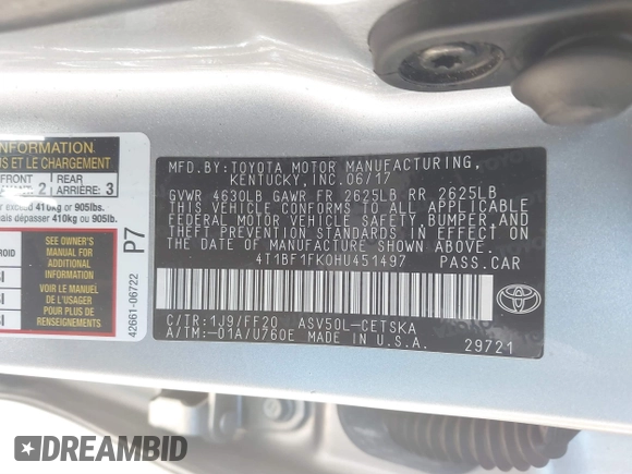 2017 Toyota Camry XLE with VIN 4T1BF1FK0HU451497, listed as a IAAI auction lot 41696611 with 104,523 mi miles. Bid and sale history available at carsss.com. Image 9.