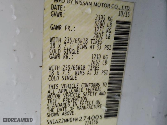2015 Nissan Murano SL with VIN 5N1AZ2MH0FN274005, listed as a Copart auction lot 43958275 with 113,241 mi miles and Salvage Title. Bid and sale history available at carsss.com. Image 13.