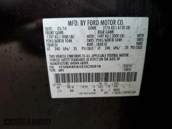 2014 Ford Explorer XLT with VIN 1FM5K8D8XEGC50516, listed as a Copart auction lot 74613863 with 204,166 mi miles and Non Repairable. Bid and sale history available at DreamBid. Image 15.