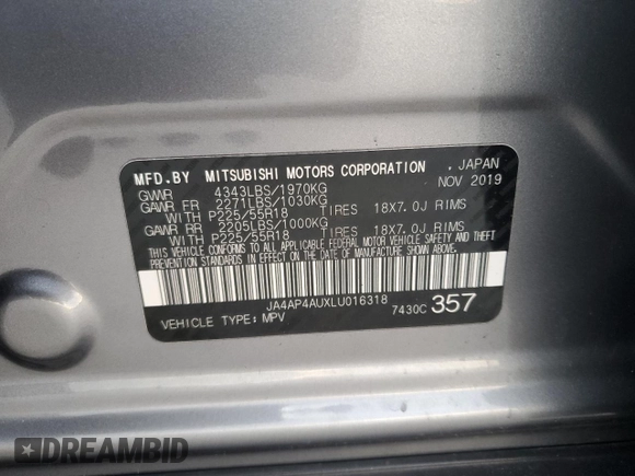 2020 Mitsubishi Outlander Sport SE 2.0 with VIN JA4AP4AUXLU016318, listed as a Copart auction lot 84936064 with 74,599 mi miles and Salvage Title. Bid and sale history available at carsss.com. Image 12.
