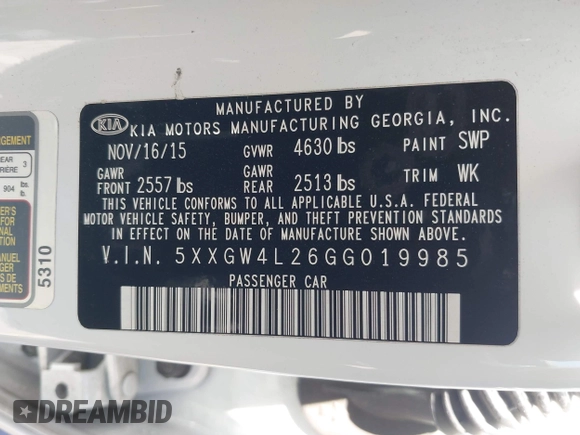2016 Kia Optima SX Turbo with VIN 5XXGW4L26GG019985, listed as a IAAI auction lot 42174560 with 167,607 mi miles and . Bid and sale history available at DreamBid. Image 9.