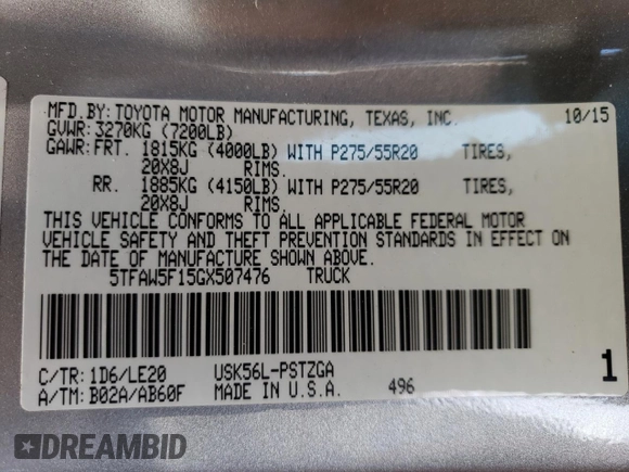 2016 Toyota Tundra 4WD Truck Platinum with VIN 5TFAW5F15GX507476, listed as a Copart auction lot 41707825 with 123,425 mi miles and Salvage Title. Bid and sale history available at carsss.com. Image 14.