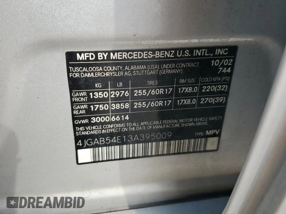 2003 Mercedes-Benz M-Class 3.2L with VIN 4JGAB54E13A395009, listed as a Copart auction lot 74373284 with 232,322 mi miles and Salvage Title. Bid and sale history available at carsss.com. Image 13.