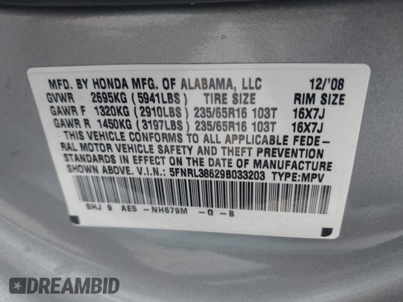2009 Honda Odyssey EX-L with VIN 5FNRL38629B033203, listed as a IAAI auction lot 42172416 with 261,270 mi miles. Bid and sale history available at carsss.com. Image 9.