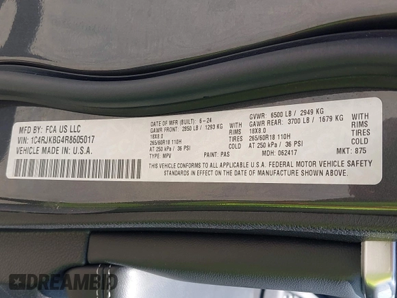 2024 Jeep Grand Cherokee Limited with VIN 1C4RJKBG4R8605017, listed as a IAAI auction lot 42660428 with 24,391 mi miles and . Bid and sale history available at DreamBid. Image 9.