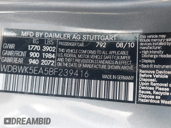2011 Mercedes-Benz SLK 300 with VIN WDBWK5EA5BF239416, listed as a IAAI auction lot 42048520 with 57,454 mi miles and . Bid and sale history available at DreamBid. Image 9.