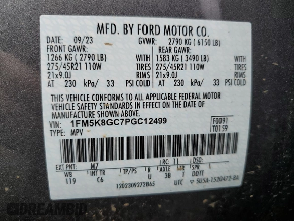 2023 Ford Explorer ST with VIN 1FM5K8GC7PGC12499, listed as a Copart auction lot 51211915 with 9,485 mi miles and Salvage Title. Bid and sale history available at carsss.com. Image 13.