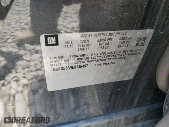 2014 Cadillac CTS Performance RWD with VIN 1G6AS5S39E0148497, listed as a Copart auction lot 54729065 with Not Provided miles and Salvage Title. Bid and sale history available at DreamBid. Image 13.