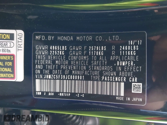 2018 Honda Clarity Plug-In Hybrid Touring with VIN JHMZC5F39JC000901, listed as a IAAI auction lot 41914470 with 80,482 mi miles. Bid and sale history available at carsss.com. Image 9.
