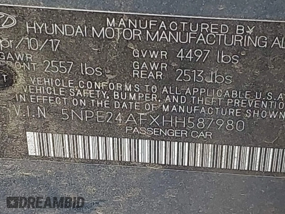 2017 Hyundai Sonata SE with VIN 5NPE24AFXHH587980, listed as a IAAI auction lot 41962264 with 103,239 mi miles. Bid and sale history available at carsss.com. Image 9.