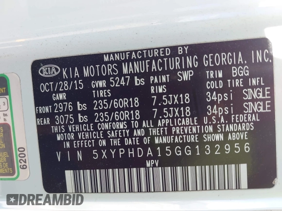 2016 Kia Sorento EX with VIN 5XYPHDA15GG132956, listed as a IAAI auction lot 41845289 with 112,311 mi miles and . Bid and sale history available at DreamBid. Image 9.