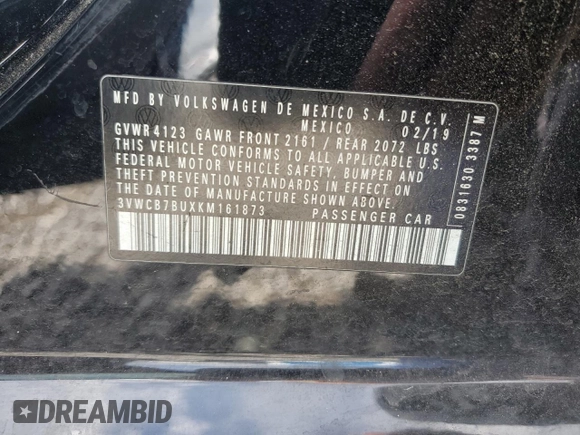 2019 Volkswagen Jetta S z VIN 3VWCB7BUXKM161873, wystawiony jako Copart lot #58712005 z przebiegiem Nie podano mil oraz Szkoda całkowita • Salvage title. Historia ofert i sprzedaży dostępna na DreamBid. Obrazek 12.