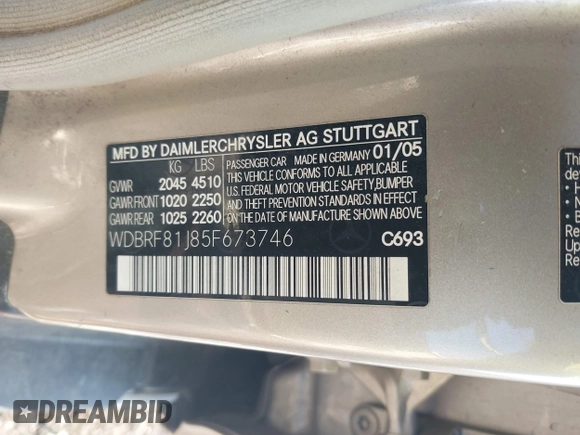 2005 Mercedes-Benz C 240 with VIN WDBRF81J85F673746, listed as a IAAI auction lot 41426506 with 141,346 mi miles and . Bid and sale history available at DreamBid. Image 9.