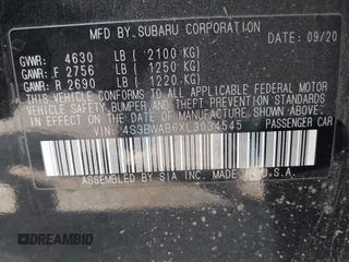 2020 Subaru Legacy with VIN 4S3BWAB6XL3034545, listed as a IAAI auction lot 40481335 with 48,449 mi miles and . Bid and sale history available at DreamBid. Image 9.