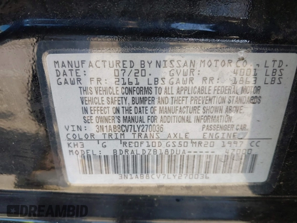 2020 Nissan Sentra SV z VIN 3N1AB8CV7LY270036, wystawiony jako IAAI lot #42323645 z przebiegiem 68 099 mil mil oraz . Historia ofert i sprzedaży dostępna na DreamBid. Obrazek 9.