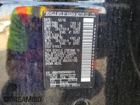 2017 Nissan Armada SV with VIN JN8AY2ND5H9004772, listed as a Copart auction lot 72124634 with 180,117 mi miles and Salvage Title. Bid and sale history available at carsss.com. Image 15.